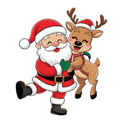 Santa and Rudolph in a playful Christmas embrace

