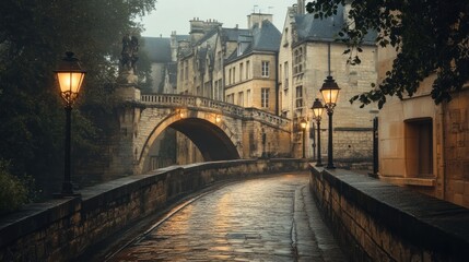 A historic stone bridge in an old European city, with lampposts lining its path 