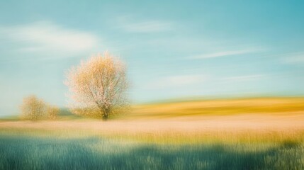 Fototapeta premium Blurry spring landscape showcasing a flowering meadow, vibrant trees, and a bright blue sky filled with soft clouds under warm sunlight.