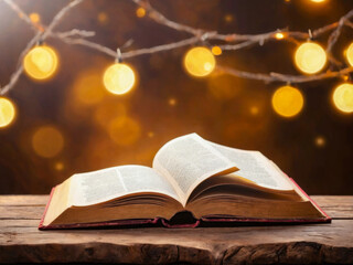Open Book with Warm Bokeh Lights