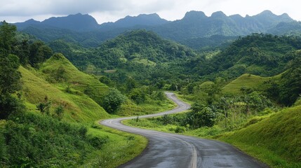 Fototapeta premium Winding country road meandering through vibrant green mountains under a cloudy sky, showcasing a serene and picturesque landscape.
