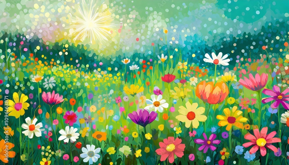 Poster a vibrant and captivating abstract flower meadow illustration, showcasing an array of colorful bloom
