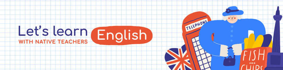 Cute Cute England, English, Great Britain, United Kingdom composition, banner with hand drawn doodle queen, fish and chips, food, flag, telephone booth, Trafalgar square. British objects background
