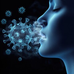 Naklejka premium Woman exhaling air with glowing viruses surrounding her face in a conceptual illustration.