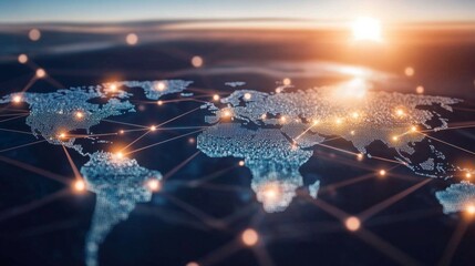 Fototapeta premium Global Network: Digital World Map with Interconnected Lines and Dots on Dark Blue Background with Sunset Glow