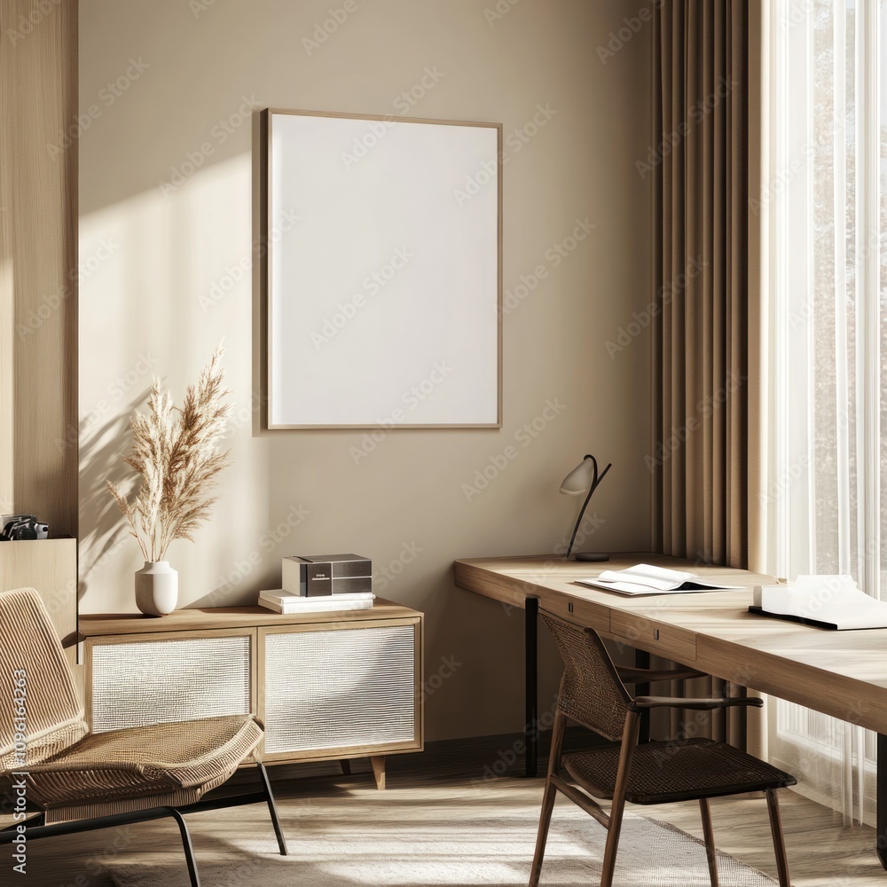 Poster A serene workspace with minimalist design, featuring natural light and simple furnishings.