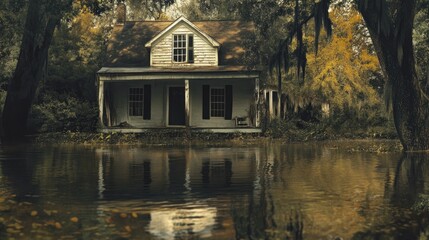 Obraz premium Abandoned house surrounded by autumn trees, featured in waterlogged landscape with reflections in tranquil standing water.