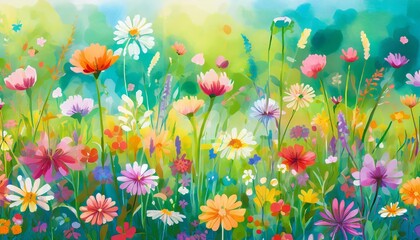 Vibrant Abstract Flower Meadow Illustration with Bright, Dynamic Colors and Intricate Artistic Details, Capturing a Whimsical Blend of Nature-Inspired Patterns and Creative Expression in