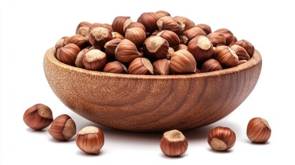 Obraz premium Close-up of Hazelnuts in a Wooden Bowl on White Background