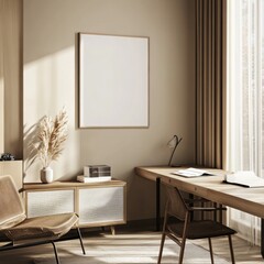 A serene workspace with minimalist design, featuring natural light and simple furnishings.