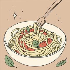 Spaghetti with tomato and basil illustrated in a vector style, showcasing vibrant colors and a delicious presentation.