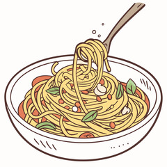 Spaghetti with tomato and basil illustrated in a vector style, showcasing vibrant colors and a delicious presentation.