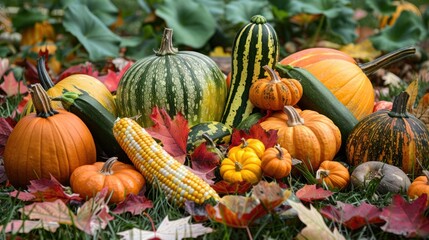 Autumn Harvest: Pumpkins, Squash, and Corn in a Rustic Setting