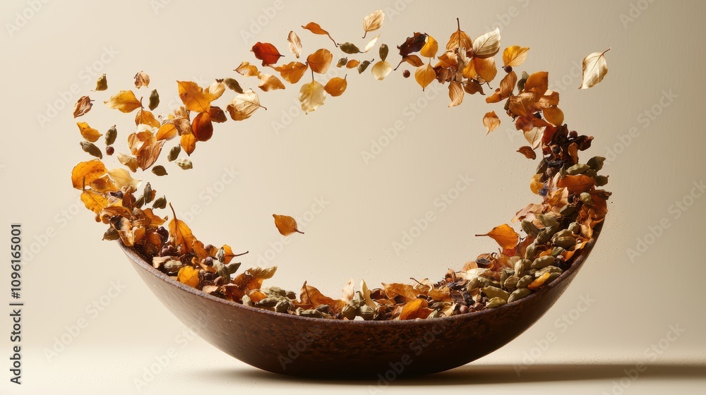 Poster a bowl appears to be swirling with colorful dried leaves and seeds, creating a dynamic and artistic 