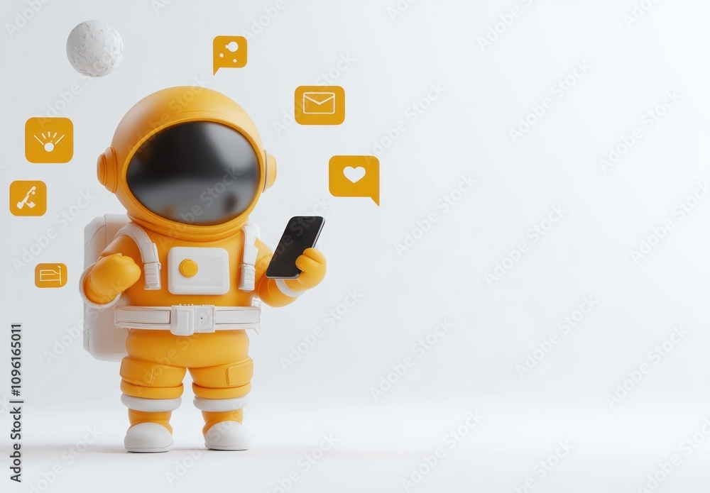 Poster A cheerful yellow astronaut holds a smartphone with floating communication icons.