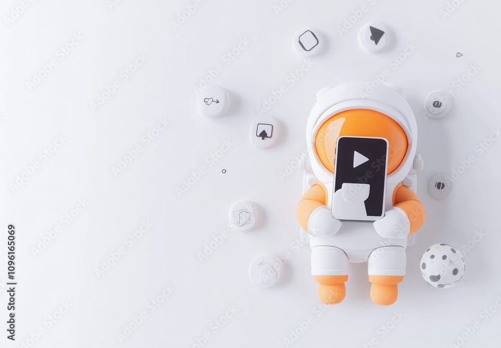 Poster a cute astronaut figure holding a smartphone with various icons around it.