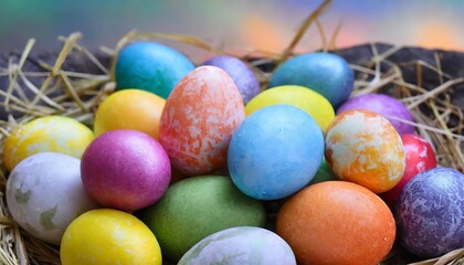 A vibrant and colorful background showcasing a collection of beautifully decorated Easter eggs, symbolizing joy and celebration of the festive Easter season with artistic patterns and