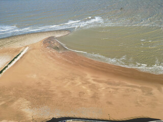 High Angle View of Beautiful British Tourist Attraction of Great Britain at Ramsgate Beach and Ocean City of Kent, England United Kingdom. Drone's Camera Footage Captured on April 21st, 2024