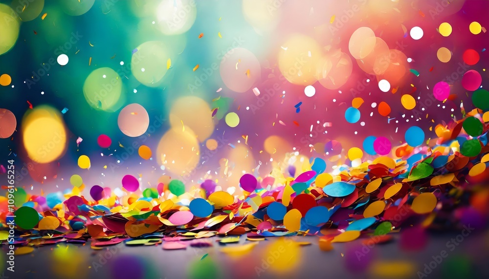 Aufkleber vibrant and joyful confetti floating against a dazzling multicolored background with dreamy bokeh hi