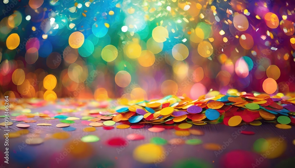 Poster vibrant multicolored confetti suspended in motion against a radiant bokeh background, creating a fes