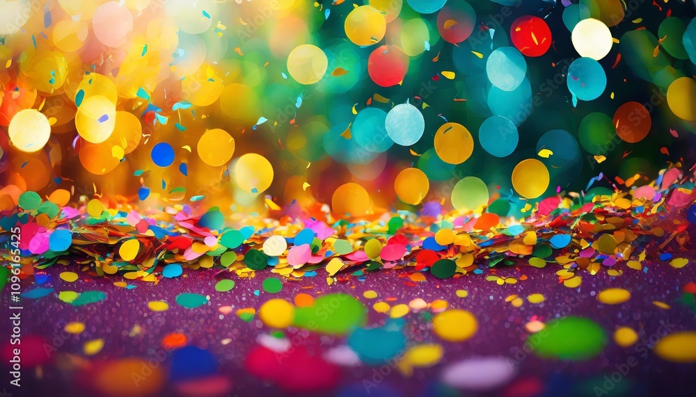 Poster vivid and playful confetti falling in front of a vibrant, multicolored background with enchanting bo