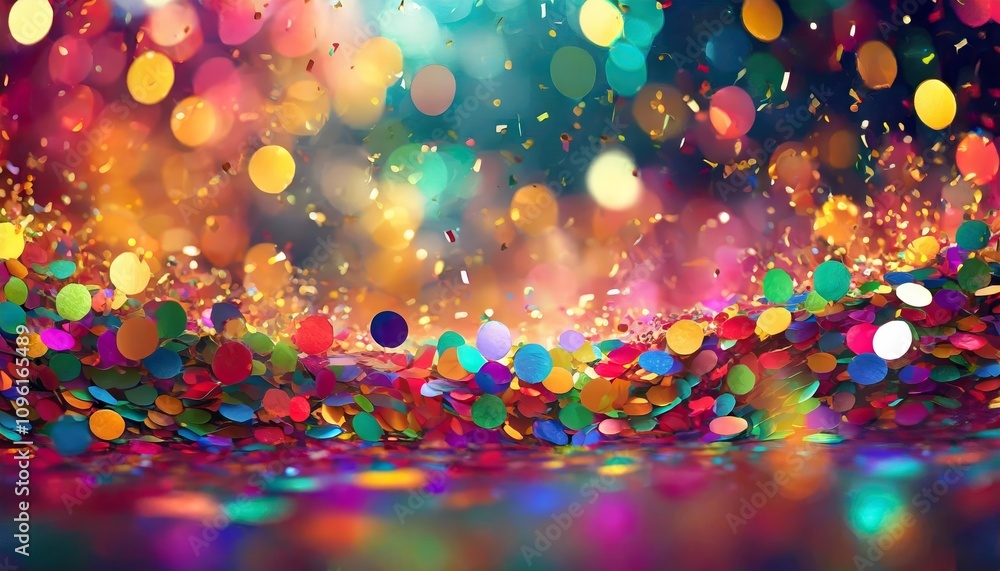 Poster vivid carnival scene with multicolored confetti in focus against a vibrant, bokeh-filled backdrop sh