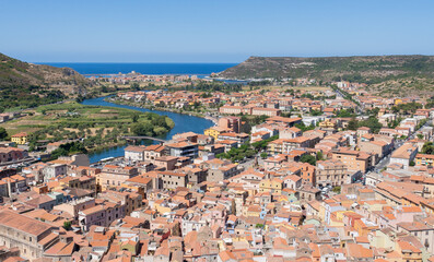 .fishing village of Bosa and aerial view of the town