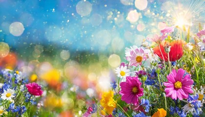 Obraz premium A vibrant flower meadow glowing in summer sunlight, with radiant sunbeams, a serene blue sky, and enchanting bokeh lights, creating a picturesque and tranquil nature scene ideal for