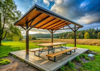 Tranquil Picnic Table Under a Metal Roof Shelter with Protective Walls for Outdoor Gatherings, Ideal for Enjoying Nature in Comfort and Style Without Worry of Wind or Rain