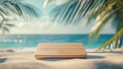 Obraz premium Tropical beach product showcase on wooden display with bokeh effects, surrounded by palm trees and turquoise sea in the background. Perfect for vacation themes.