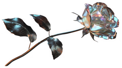 PNG Chrome liquid metal rose isolated flower. 3D render, modern design. Isolated holographic futuristic floral icon. Y2K, brutalism retro futurism bloom concept.