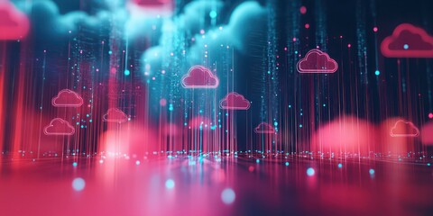 Fototapeta premium An image of a digital data storage system, featuring cloud icons and data points, emphasizing the importance of cloud technology in data management.