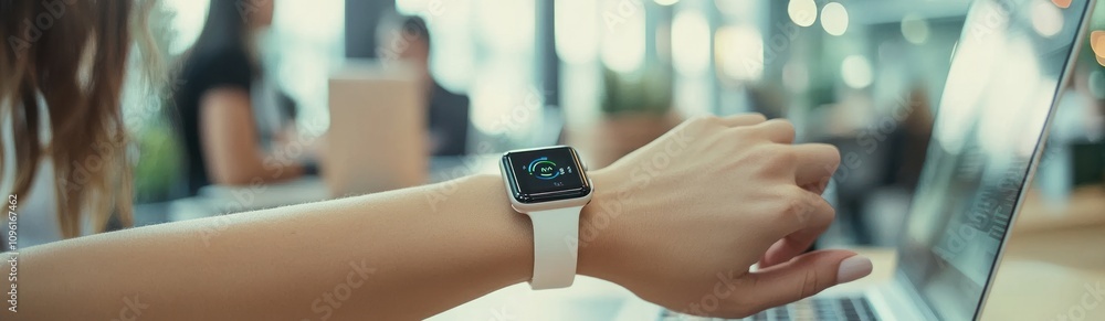 Poster A close-up of a smartwatch on a wrist, with a laptop in the background, indicating productivity.