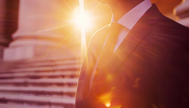 Digital composite of Business man mid section with flare against blurry stairs