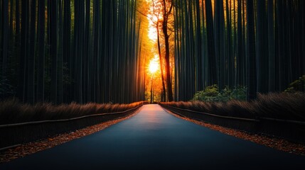 Serene Bamboo Forest Pathway with Sunlight Streaming Through Tall Stalks at Dusk, Inviting Tranquility and Natural Beauty for Scenic Exploration