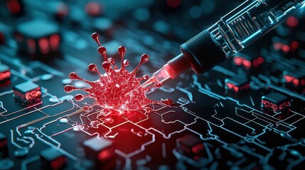 A syringe injecting into a virus amidst a digital circuit background, symbolizing the intersection of technology and health.