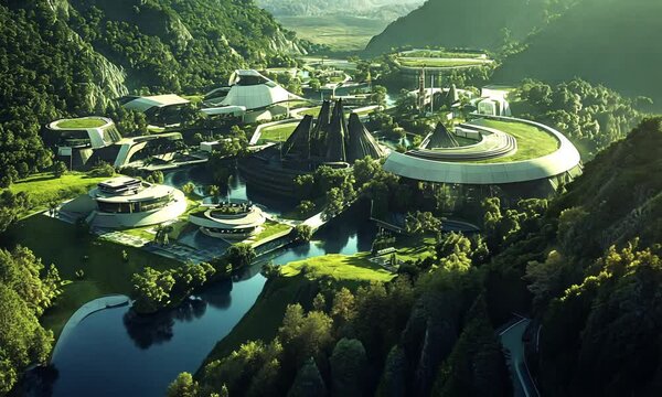 A futuristic eco-city nestled in lush mountains, showcasing advanced architecture and nature harmony