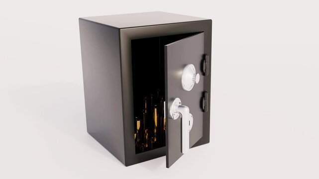 A 3d animation of an open black safe with pile of gold coins inside of it; isolated in the white background 