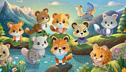 Naklejka premium Vibrant Collection of Adorable Cartoon Baby Animal Characters - Cute and Colorful Set Featuring Playful Icons of Little Creatures, Perfect for Kids Illustrations and Designs