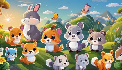 Naklejka premium Colorful collection of adorable cartoon animal characters featuring various baby animals. Perfect for childrens designs, educational materials, and creative projects on a white background.