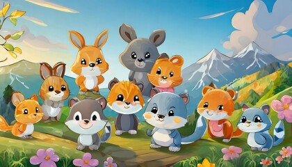 Naklejka premium Adorable and Colorful Set of Cartoon Baby Animals - Cute Little Animal Characters Icons for Kids, Isolated on White Background, Perfect for Illustrations, Prints, and Digital Designs