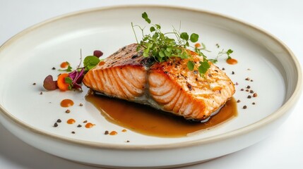 Grilled Salmon Fillet with Herb Garnish and Sauce on Plate