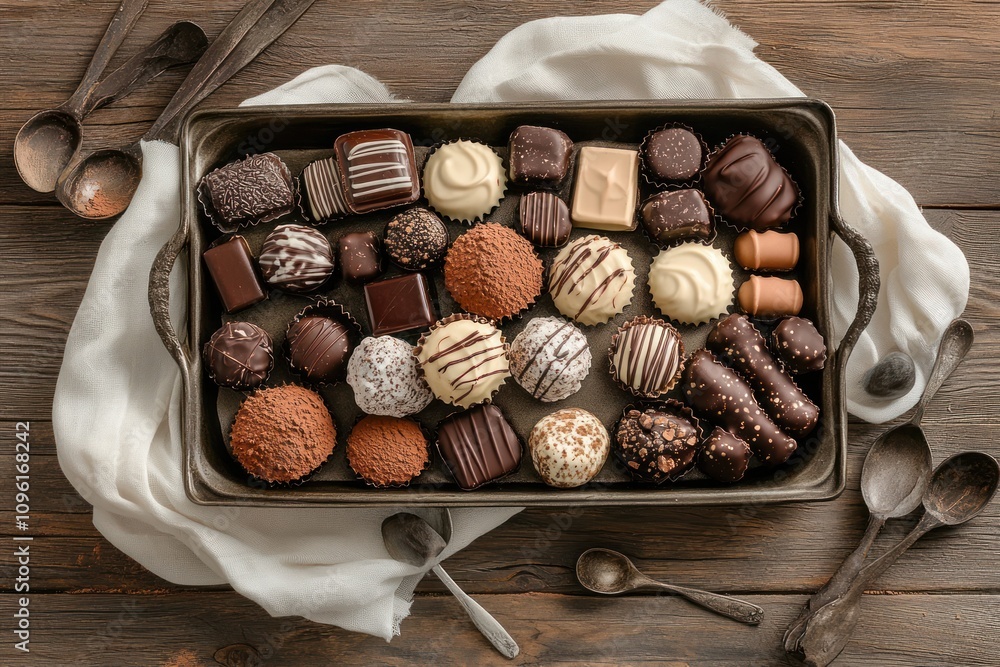 Poster a tray filled with assorted chocolates, showcasing various shapes and textures for indulgence.