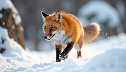 Fototapeta premium Red Fox Walking Through Snowy Landscape