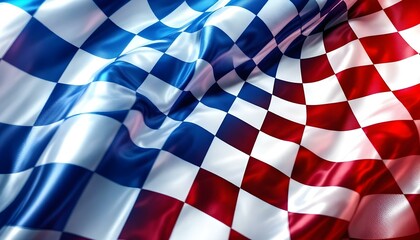 Pop art checkered racing flag on stylish metallic red, white, and blue background. Sports background. Surreal pop art racing flag in monochrome checkered design with a vibrant background