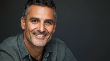 Obraz premium Confident businessman with short dark hair and a friendly smile in a casual headshot portrait against a dark background.