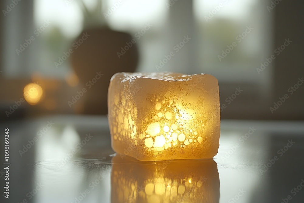 Poster a glowing ice cube with bubbles, creating a warm ambiance in a softly lit environment.