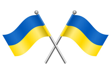 Crossed Ukraine Flags Icon. Flat Solid Color Vector Illustration with Mini Flags on Poles, Isolated on White Background, Editable and Scalable EPS File for Graphic Design Elements