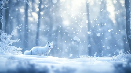 White polar fox standing elegantly in a snowy forest with soft bokeh effect and gentle snowfall, ideal for creating festive greeting cards.