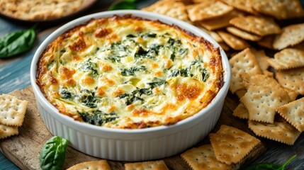 Creamy Spinach Dip with Crackers and Fresh Basil on Wooden Board